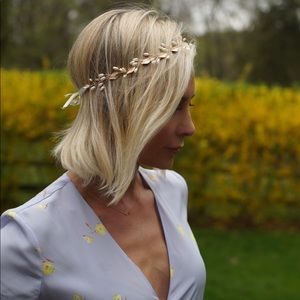 Gold pearl boho leaf bridal halo hair accessory